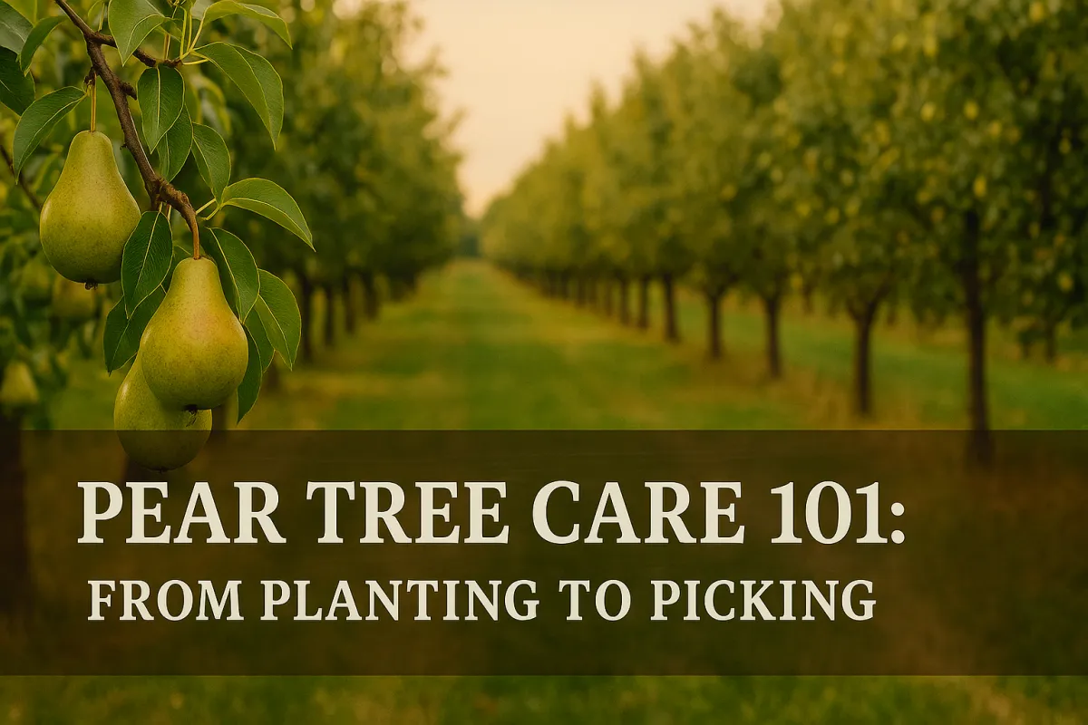 Wide orchard view with rows of pear trees fading into the distance, a cluster of ripe pears in the foreground, and the text ‘Pear Tree Care 101: From Planting to Picking’ overlaid on the bottom third.