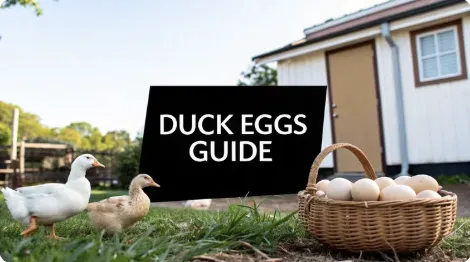 Two ducks walking near a coop with a basket of duck eggs in the foreground. Text overlay reads 'Duck Eggs Guide'.