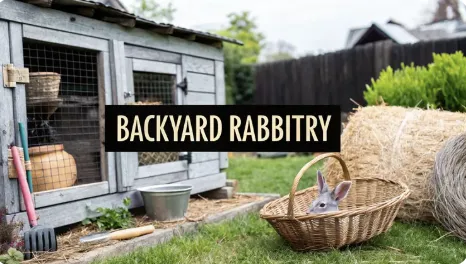 Outdoor photo of a rustic backyard rabbit hutch beside a basket holding a rabbit. Garden tools and hay bale visible in the yard with the text ‘Backyard Rabbitry’ overlaid on the image.