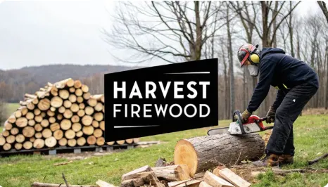 Person wearing safety gear cutting a log with a chainsaw in a grassy field beside a large stack of split firewood. The text ‘Harvest Firewood’ appears over the image.