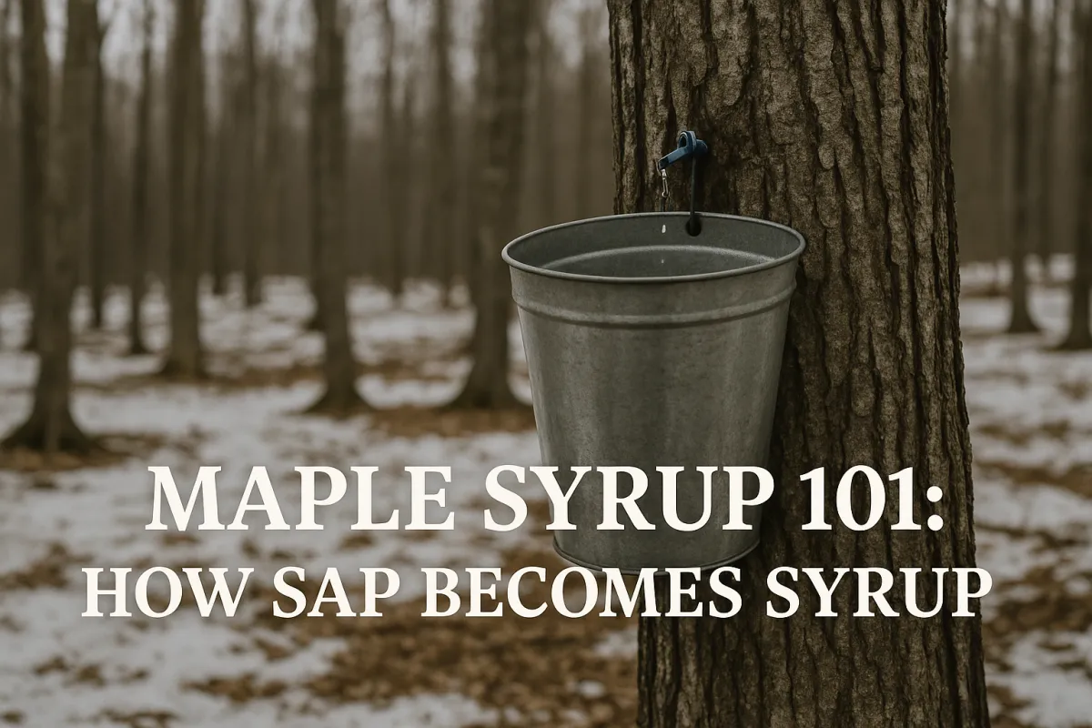Metal sap bucket hanging from a tapped maple tree in a snowy late-winter forest, showing sap dripping during maple syrup season.