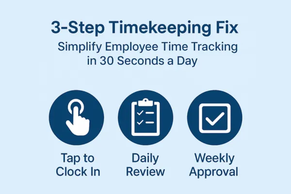 3 Steps: Clock In, 30-Second Check, Payroll Export