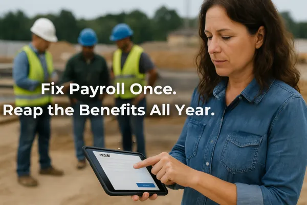 Construction office manager reviewing digital timecards on a tablet while crews work in the background
