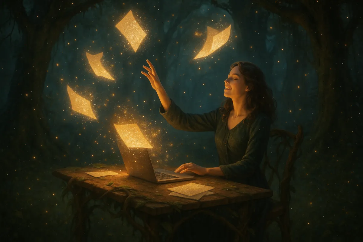 Woman sitting at a desk in a meadow, throwing papers in the air