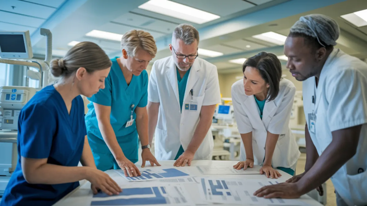 Doctor and 4 Nurses looking at graphs