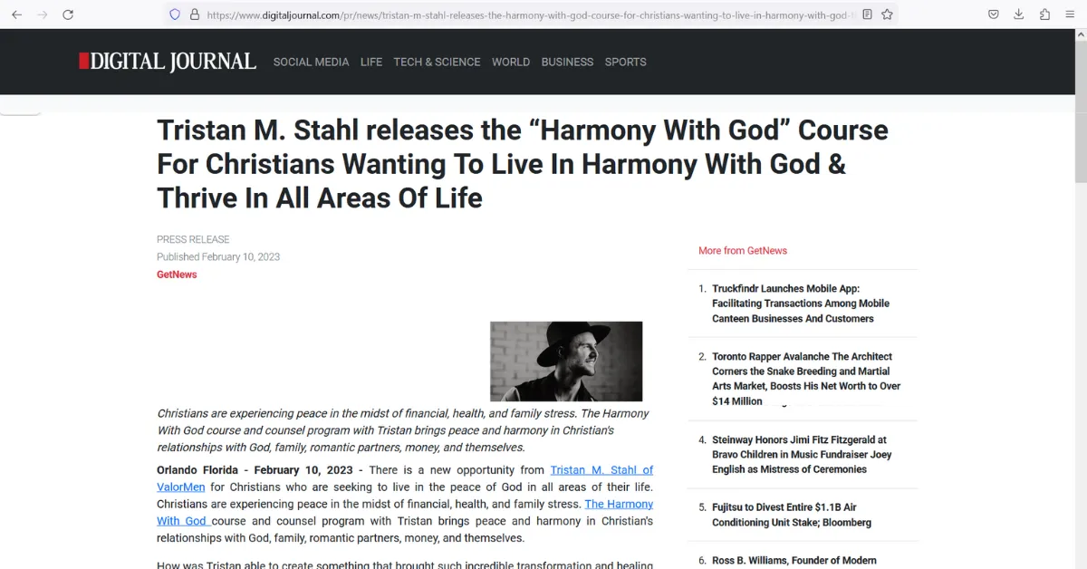 Tristan M. Stahl of ValorMen Featured in digital Journal