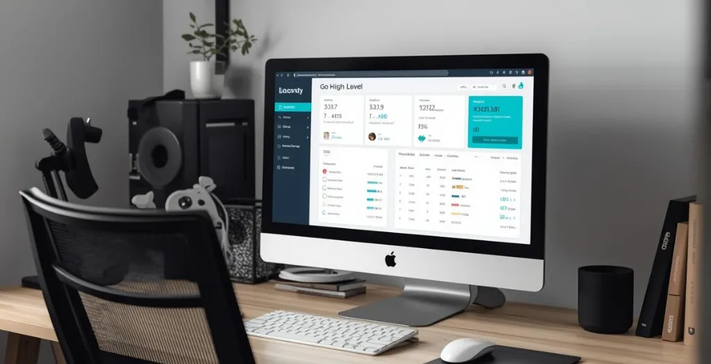 Desktop computer with Go High Level Replica CRM image on screen - Cassandra Comeau blog