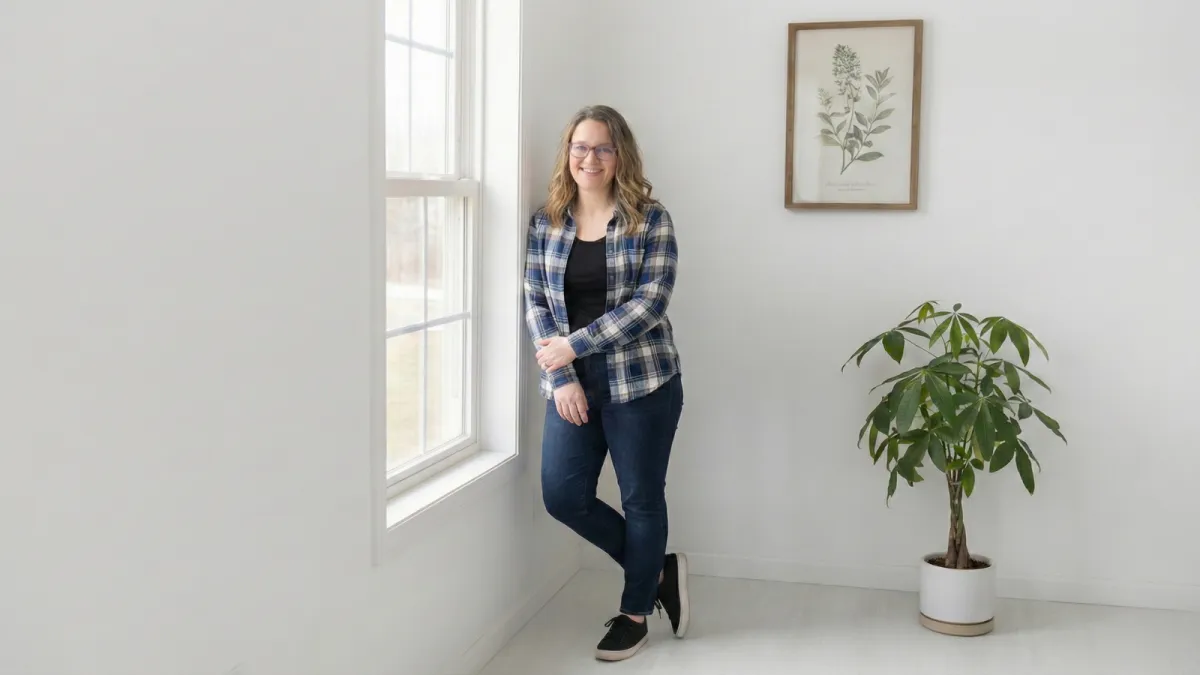 Cassie posed in a wite room looking at the camera