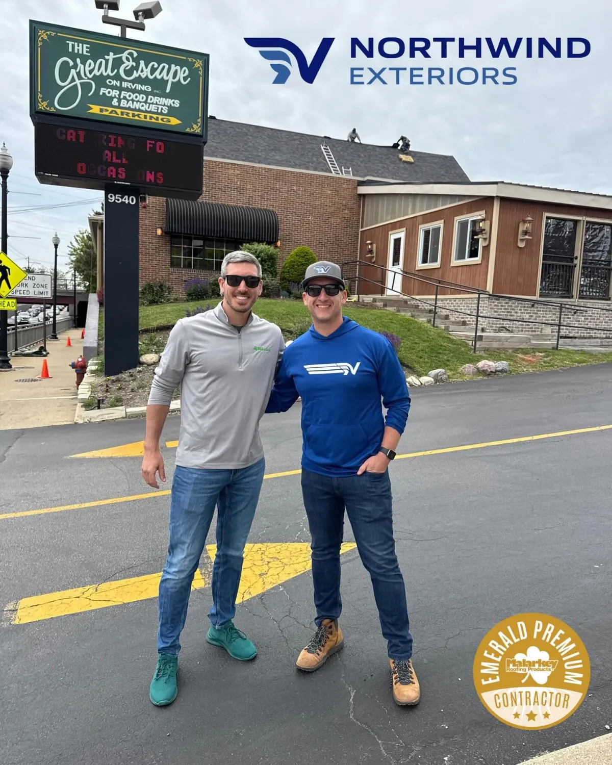 Northwind Exteriors team member and malarkey representative in front of a newly roofed Park Ridge home, highlighting Malarkey Certified Premium installation quality.