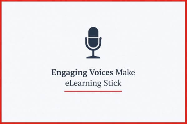 Minimal blog cover graphic showing a clean condenser microphone with the headline “Engaging Voices Make eLearning Stick,” emphasizing conversational eLearning voiceover