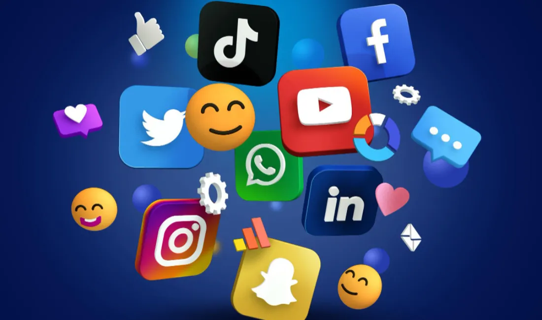 Colorful 3D icons of major social media platforms including Facebook, Instagram, TikTok, YouTube, Twitter, WhatsApp, LinkedIn, and Snapchat floating on a dark blue background.