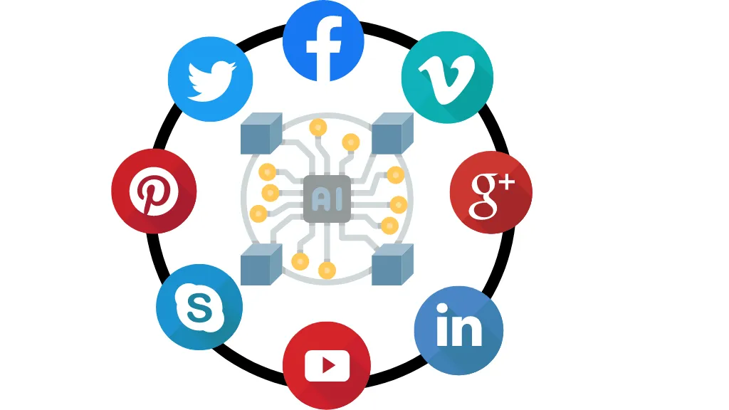 Illustration of AI technology connected to social media icons like Facebook, Twitter, LinkedIn, YouTube, Pinterest, and Skype, representing AI-powered social media management.