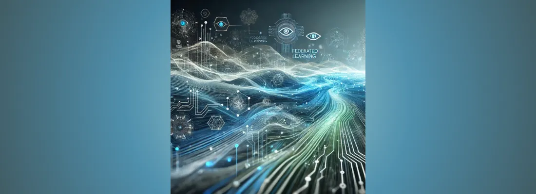 Futuristic abstract image depicting AI technology trends with interconnected digital elements, including neural networks, circuits, and graph data. Cool blue and electric green colors represent automation and innovation, symbolizing the transformation of industries through AI advancements such as federated learning, digital twins, and graph neural networks. The sleek design evokes a modern, tech-forward aesthetic, perfect for illustrating AI automation trends in 2024