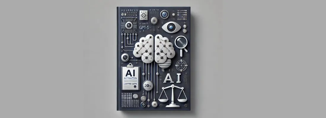 A clean, minimalist graphic representing AI automation trends in web development for 2024. The design features symbolic icons: a digital brain for advanced AI models, interconnected nodes for machine learning, a magnifying glass over pixels for computer vision, a scale for AI ethics, and a gavel for AI regulations. The image has a sleek and modern aesthetic with a dark blue, silver, and white color palette, conveying professionalism and innovation. The overall design is simple and uncluttered, with no text or letters.