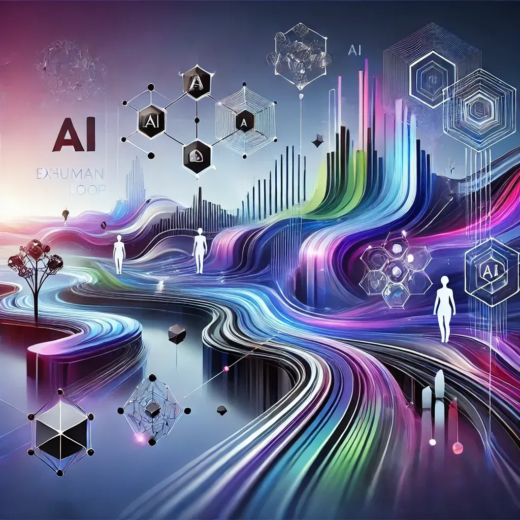 Abstract futuristic image representing AI automation trends, featuring interconnected geometric elements, neural networks, and flowing data streams. The design uses vibrant hues of blue, green, and purple to symbolize technological advancements like adversarial training, explainable GNNs, and human-in-the-loop AI.