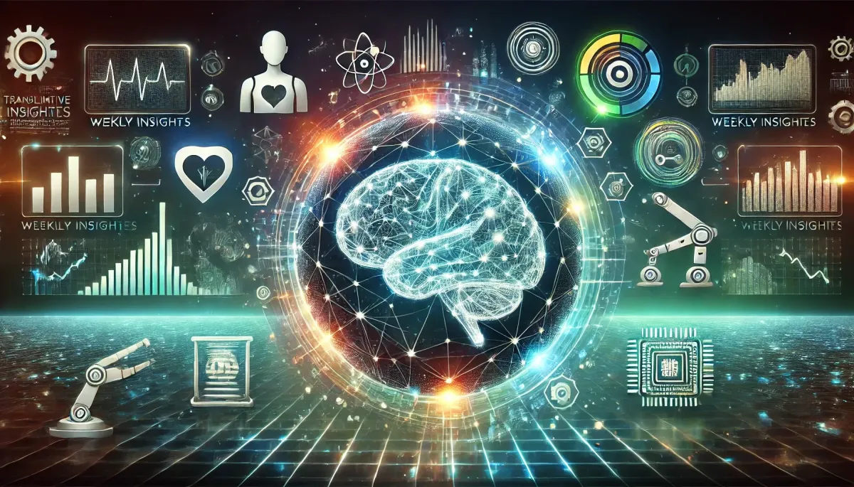 A visually striking blog cover image depicting the theme "Weekly Insights: Transformative AI Automation Trends to Watch in 2024." At the center is a glowing digital brain interwoven with intricate neural network patterns, symbolizing advanced AI. Surrounding the brain are holographic interfaces displaying dynamic data streams, robotic arms manipulating 3D models, and icons representing industries: a stethoscope for healthcare, a stock chart for finance, and a microchip for technology. The background transitions from deep space blue to vibrant electric teal, with glowing grid lines adding a high-tech aesthetic. A semi-transparent globe encircled by radiant glowing connections emphasizes the global reach of automation trends. The blog title is prominently displayed in a bold, futuristic sans-serif font in white with neon highlights, while neon green and orange accents add energy and contrast.