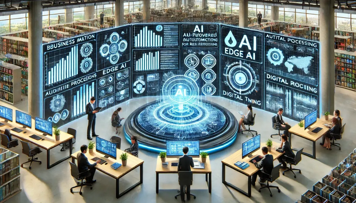 A futuristic business environment illustrating AI automation's role in efficiency and growth. At the center, a sleek digital dashboard displays real-time business analytics, automation workflows, and AI-driven insights. Surrounding this, five key AI trends are visualized: a data analyst reviewing AI-generated synthetic data, a retail worker using AI-powered inventory tracking on a tablet, a business owner receiving an automated cybersecurity alert with a glowing shield icon, a marketing professional generating AI-driven content on a laptop, and a manager analyzing a digital twin simulation of their operations. The background features a modern office setting with floating data visualizations, digital interfaces, and workflow automation elements, using a professional color palette of blue, white, and neutral tones with green and orange highlights.