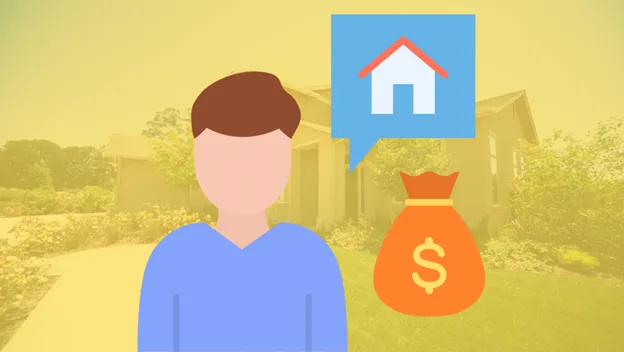 Illustration of a man with a house and a bag of money