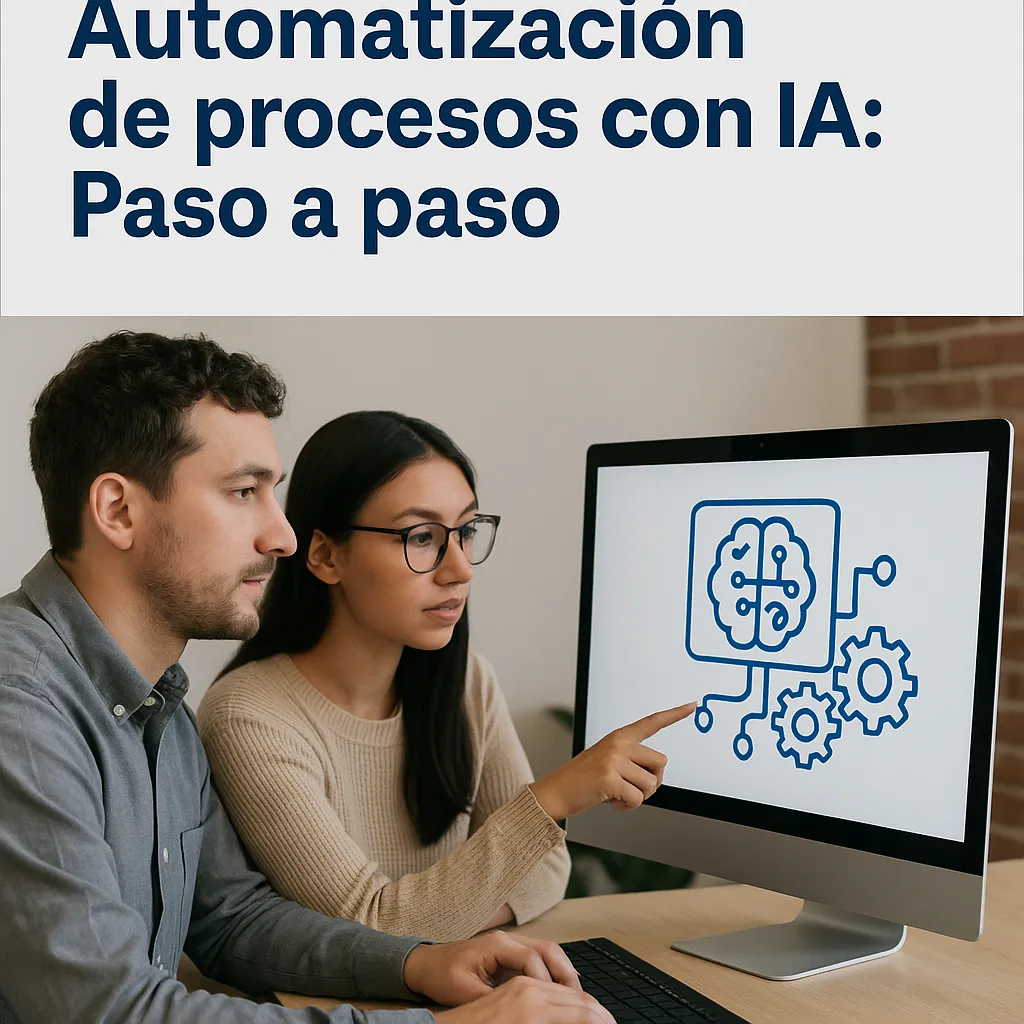 Dos personas trabajando frente a una computadora mientras automatizan procesos con inteligencia artificial