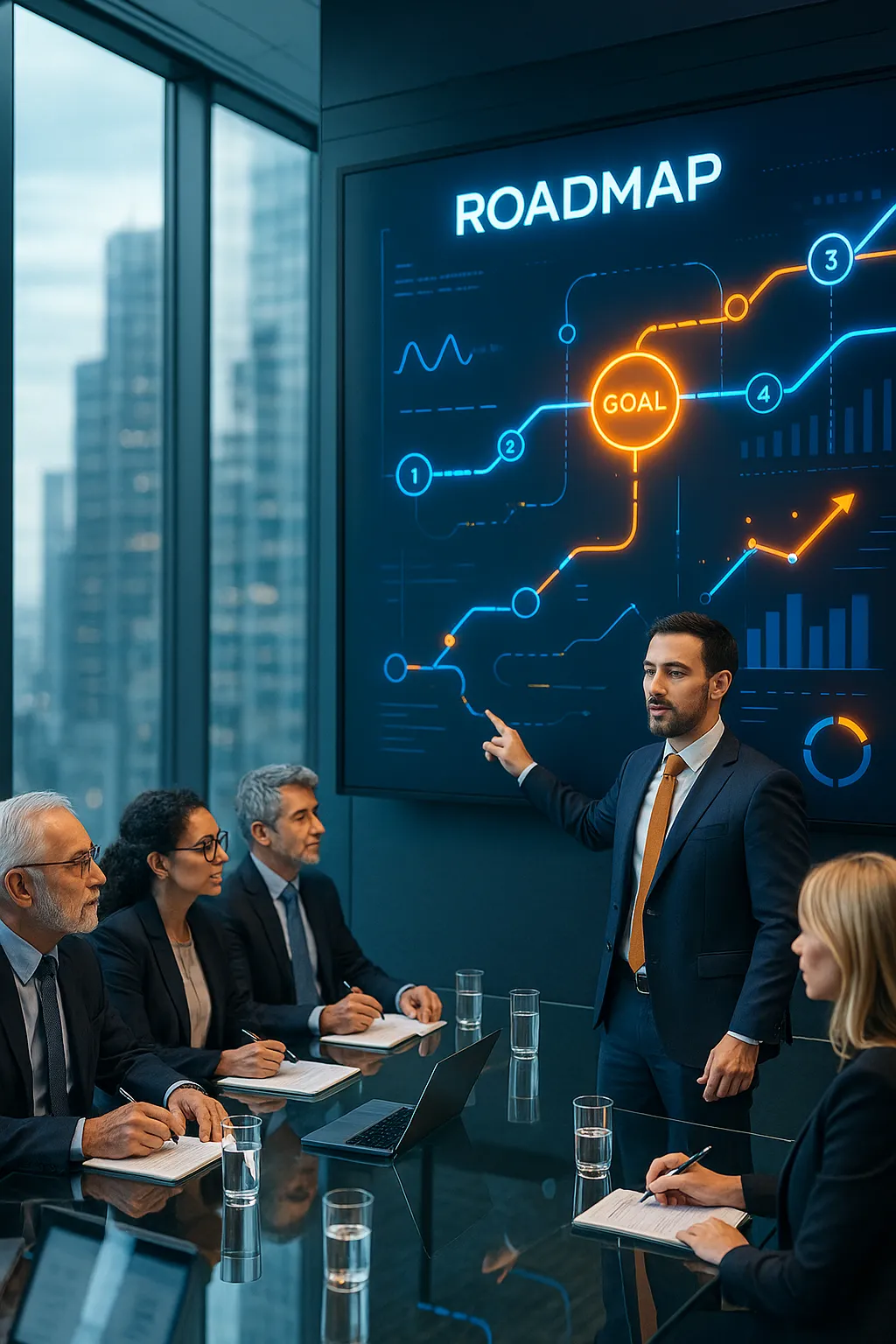 Empresario revisando checklist digital de auditoría IA en laptop.