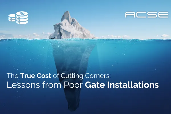 “An iceberg floating in the ocean, with a small visible tip above water and a massive hidden portion below, symbolizing hidden costs. Text overlay reads: ‘The True Cost of Cutting Corners: Lessons from Poor Gate Installations,’ with ACSE logo in the corner.”