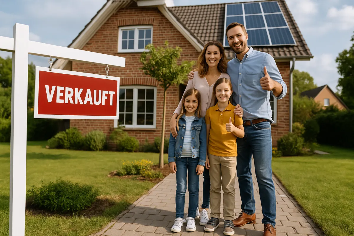 Charmantes Einfamilienhaus in Schweinfurt mit Verkauft-Schild und glücklicher Familie