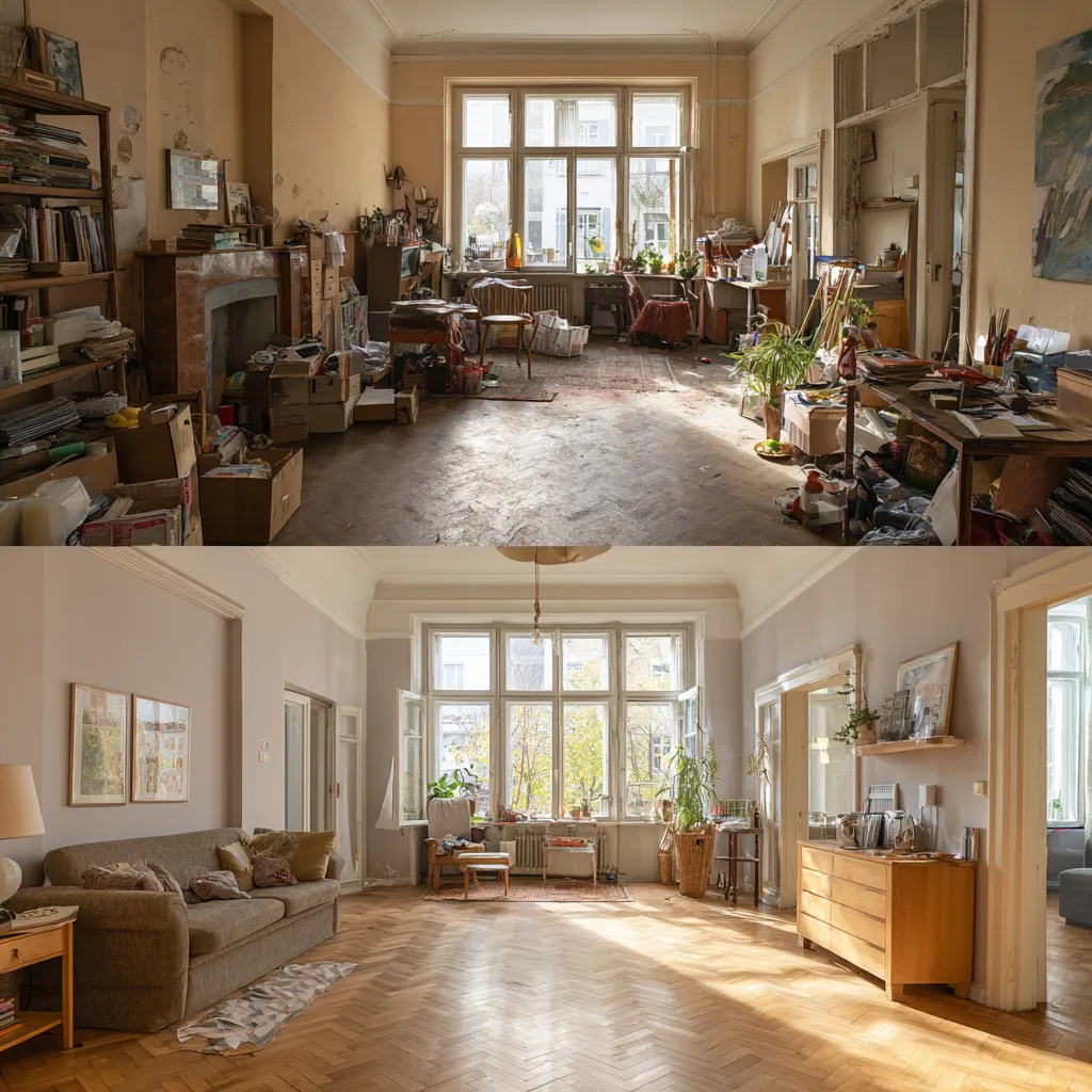Vorher-Nachher-Darstellung einer professionellen Entrümpelung links ein vollgestellter, chaotischer Raum, rechts ein heller, aufgeräumter und verkaufsfertiger Wohnraum.