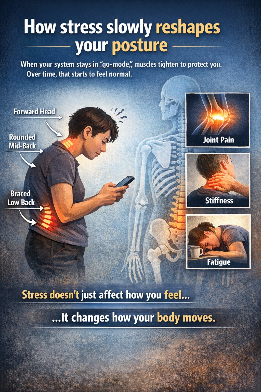 Educational illustration showing common stress-related posture patterns such as forward head position, rounded shoulders, and shallow breathing mechanics.