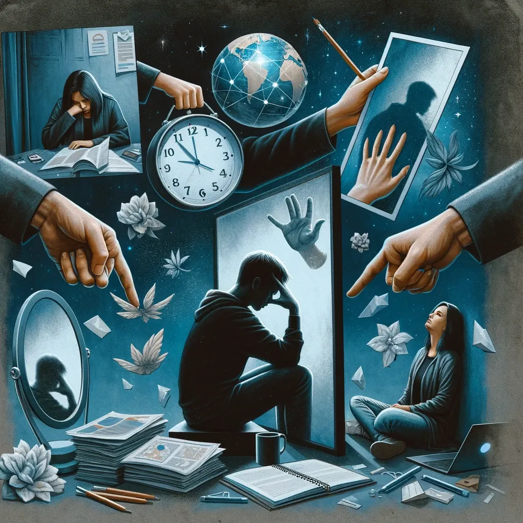 This collage includes various scenes such as a person procrastinating, another being overly critical in a mirror, someone overwhelmed by tasks, a person sitting alone in a dark room, and a hand refusing help. The image is designed to convey the internal conflict and struggle associated with overcoming self-limiting behaviors