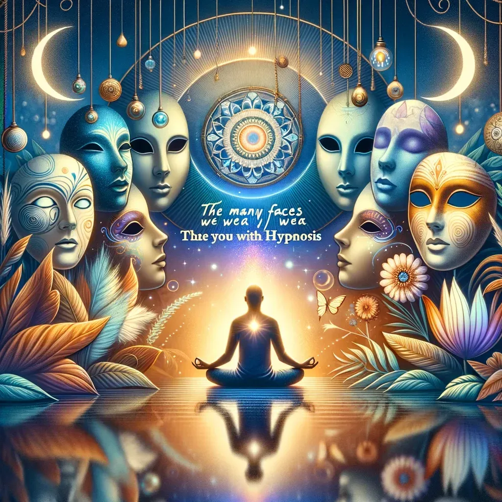 A serene cover image symbolizing personal transformation through hypnosis, featuring symbolic masks, a mirror reflecting the true self, and a background of soothing colors encouraging introspection and self-discovery.