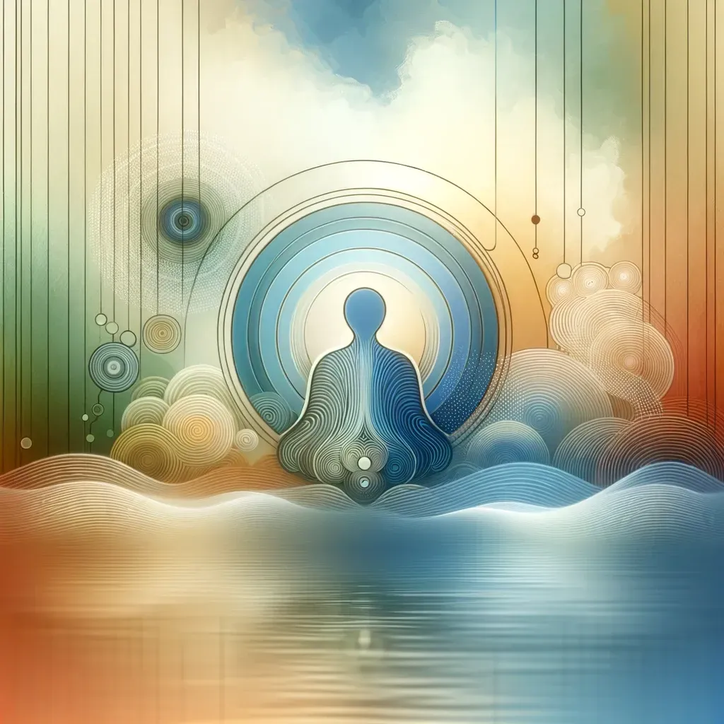 Abstract representation of individuality in hypnotherapy, featuring soothing colors and elements symbolizing personal growth and therapeutic calmness.