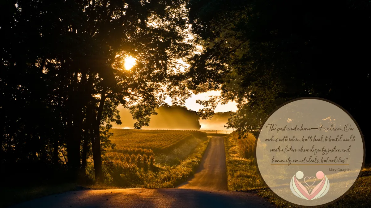 a sunrise viewed through trees and a long winding road
