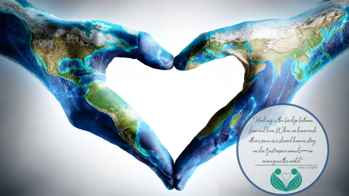 hands painted like earth in the shape of a heart