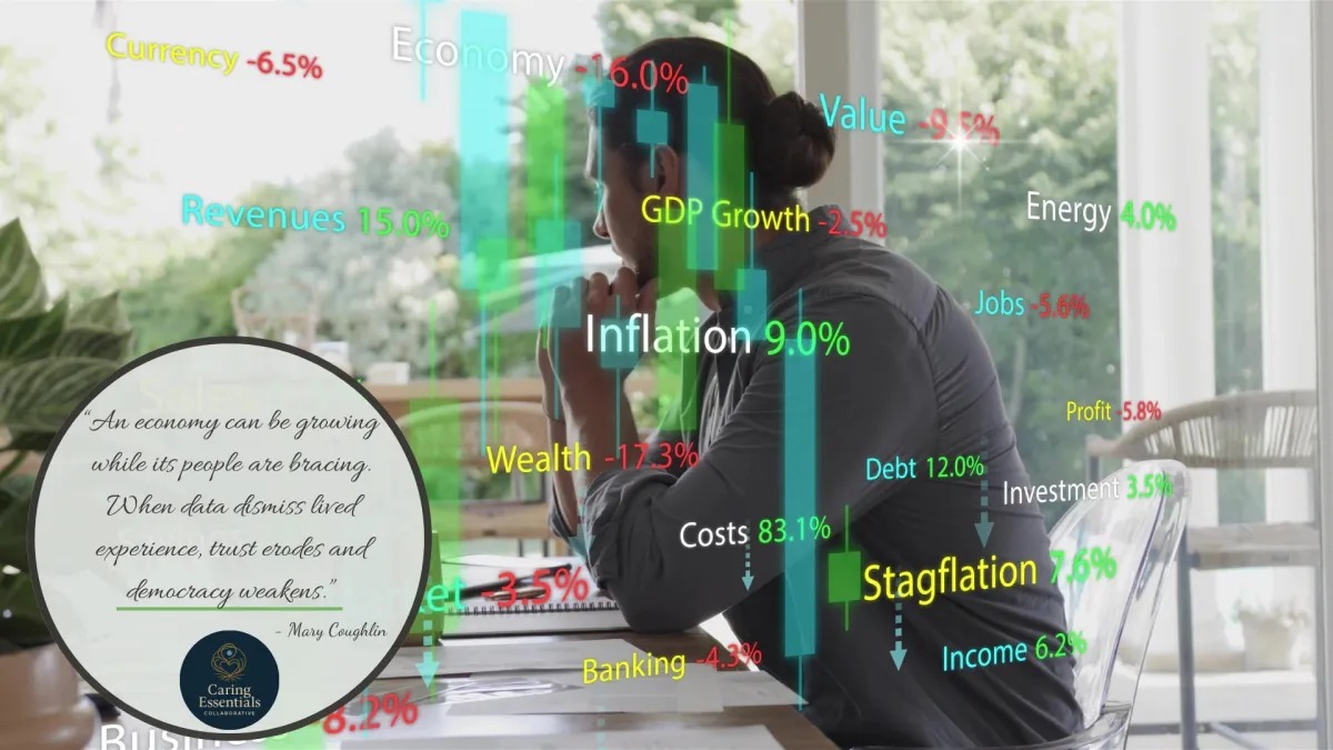 Talking man wearing button shirt on phone call at desk by windows, with laptop, financial overlays