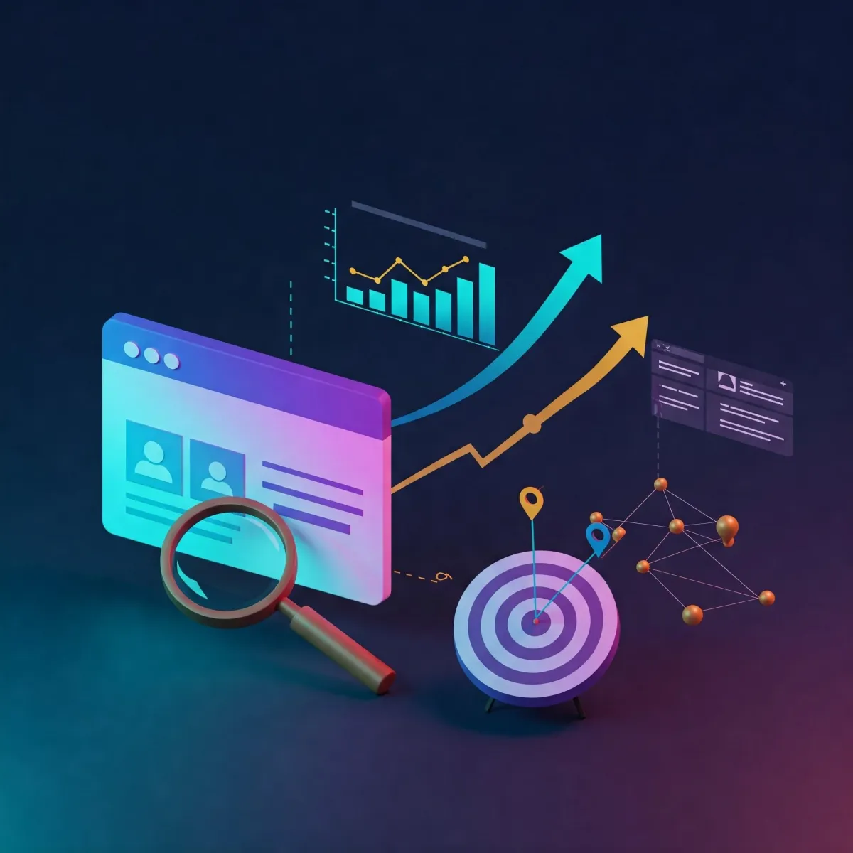 Visual representation of Search Engine Optimization (SEO), showing a website being discovered through search, organic traffic growth, and targeted audience reach