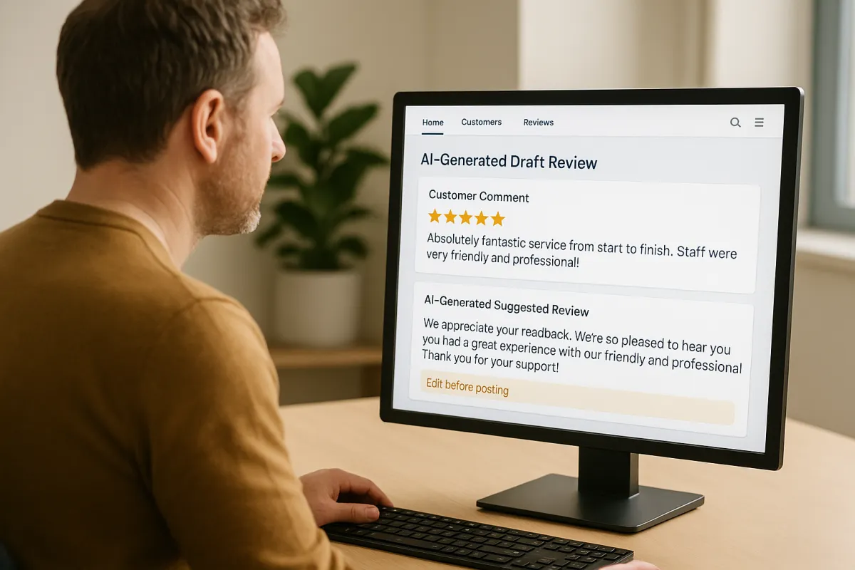 Google review automation UK  Facebook review assistant for SMEs  AI drafted customer reviews  Ethical review management system