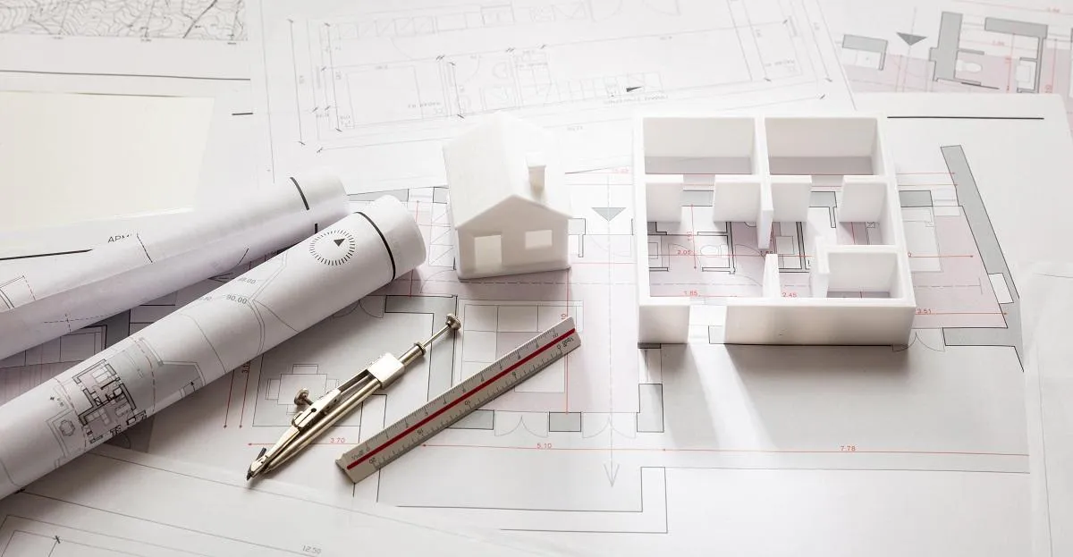 A small home model sits on a blueprint with rolled up floorplans and a model showing room layout.