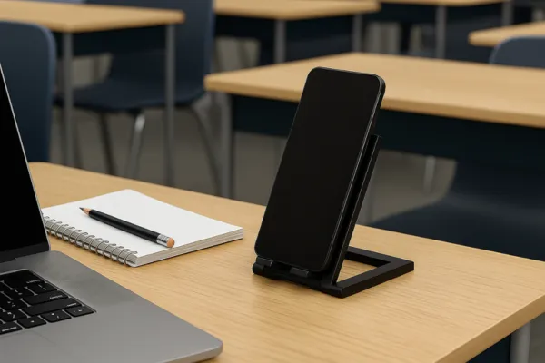 Student desk with Porta View holding a phone during a lecture.