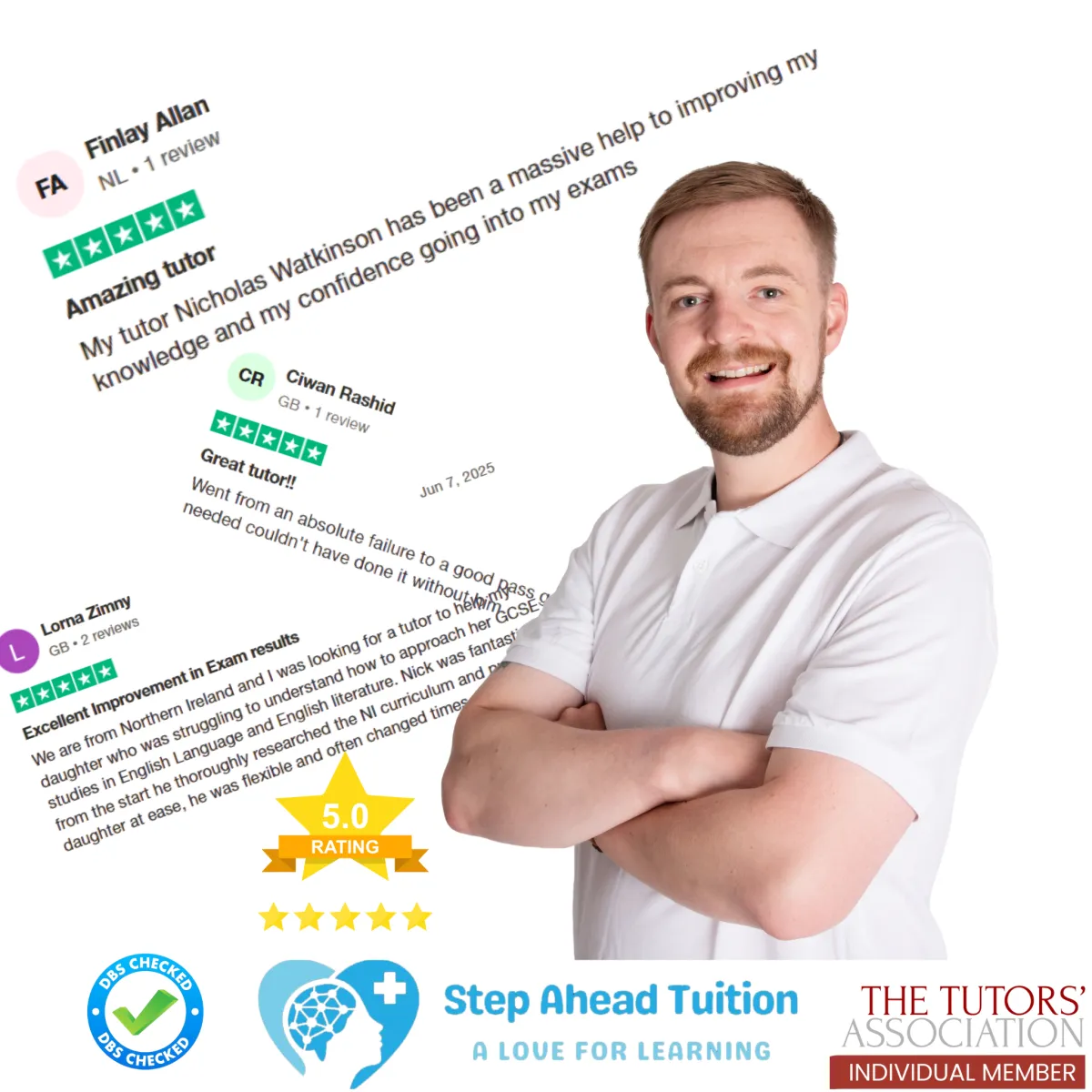 Image of Nick Online English Tutor with Trust Pilot reviews in the background