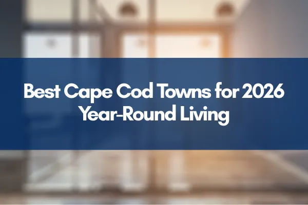 A scenic view of Cape Cod harbor with homes and boats in all seasons, showcasing year-round living.