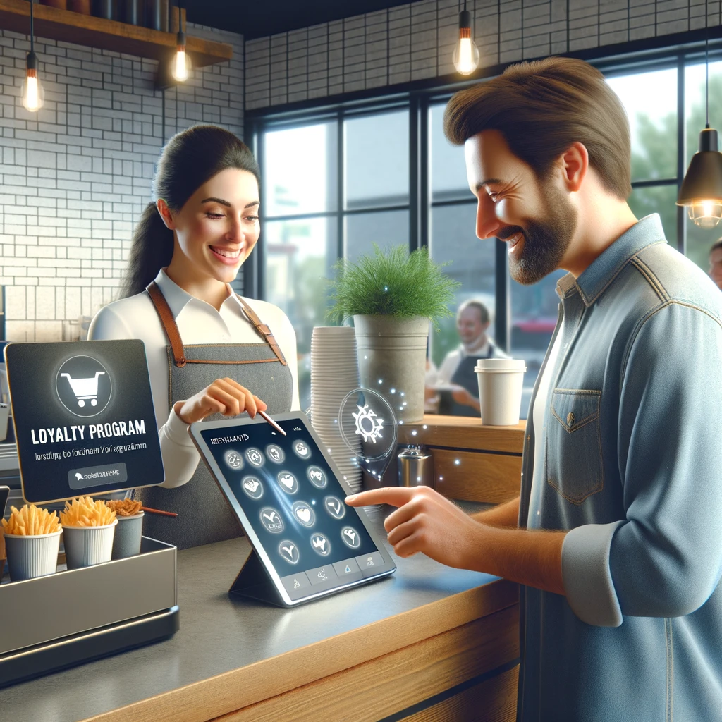 A Quick Service Restaurant counter equipped with digital ordering tablets and a visible kitchen display system, with a customer using a smartphone. The setting exudes a sense of streamlined technology with a summer ambiance, as sunlight gently bathes the modern, efficient space.