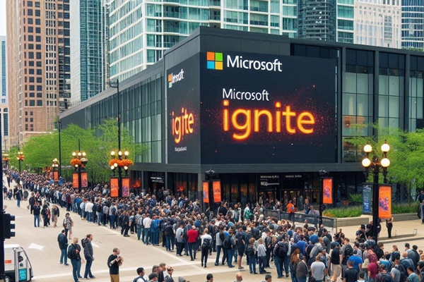 A line of people getting ready to go into Microsoft ignite.