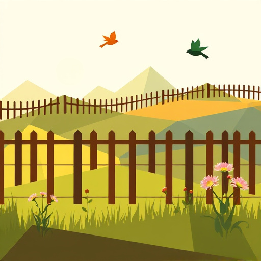 A minimalistic blog cover image depicting a wooden fence in a lush green landscape near Ludlow Falls, Ohio. The fence stretches across the scene with gentle hills in the background and a clear blue sky above. A playful squirrel peeks from behind one of the fence posts, while colorful wildflowers dot the foreground. The atmosphere is calm and industrious, reflecting the craftsmanship of local fence builders. In the distance, a quaint barn adds to the small-town charm, and soft sunlight bathes the scene, creating a warm and approachable feel. The color palette features earthy tones, including soft browns for the fence, vibrant greens for the grass, and bright floral accents, harmonizing with the minimalist design and evoking a sense of peaceful rural life.