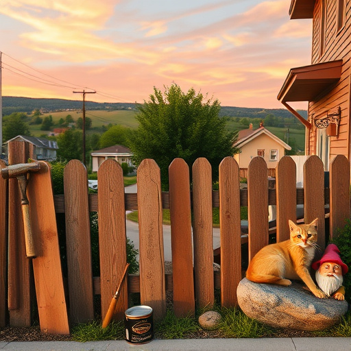 A minimalist blog cover image depicting a serene suburban backyard scene inspired by "Privacy Fence Installation in South Charleston, Ohio." The image features an elegant wooden privacy fence that separates a lush green lawn from the outside world, encapsulating tranquility and home privacy. The natural wood tones of the fence blend seamlessly with muted earth shades, creating a calming atmosphere. Playful elements, including a curious squirrel, a decorative garden gnome, and vibrant flower beds filled with colorful blooms, add personality without cluttering the scene. In the background, subtle silhouettes of rolling hills under a soft pastel sky enhance the rural charm of South Charleston, Ohio. The overall tone is inviting and warm, perfect for connecting with readers interested in privacy solutions, illustrated in a minimalist art style with a soothing color palette of greens, browns, and soft blues.