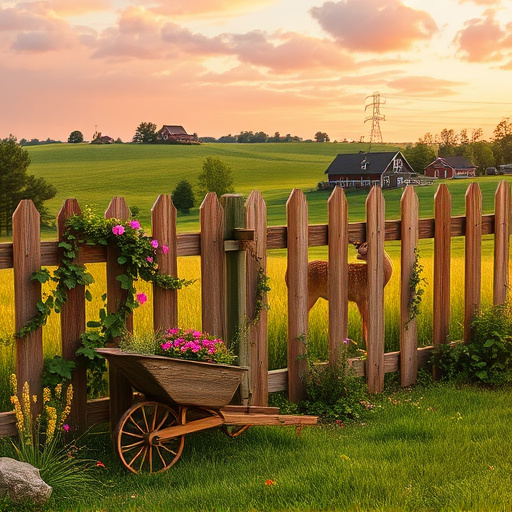 A Renaissance-style painting showcases a vibrant scene in Waynesville, Ohio, where skilled craftspeople are busy constructing a sturdy wooden fence. In the foreground, intricately carved wooden posts and panels highlight the artisans' craftsmanship, surrounded by scattered tools like chisels and hammers that signify their dedicated labor. A playful squirrel peeks over a fence post, adding a whimsical element, while colorful painted flower pots overflow with blooming flowers, representing the local community's vibrancy. The backdrop features gentle rolling hills with lush green trees swaying in a soft breeze, under a clear blue sky dotted with fluffy white clouds, creating a serene atmosphere. A friendly bluebird perches on a fence post, observing the scene and enhancing the harmony between nature and craftsmanship. The overall color scheme of warm earth tones, rich browns, and greens, accented by golden highlights, reflects the sunlit charm of Waynesville, illustrating a connection to home and the artistry involved in fence-making, inviting viewers into this industrious yet tranquil environment.
