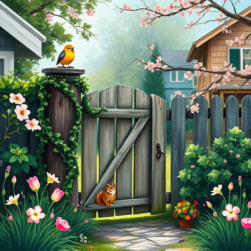A vibrant Art Deco-inspired blog cover image featuring an elegant, intricately designed gate from a gate company in Clayton, Ohio. The gate showcases geometric patterns and stylized motifs, framed by lush greenery, ornamental hedges, and blooming flowers that invite viewers into a serene neighborhood. Above, a vivid blue sky transitions into sunset hues, casting warm golden tones, symbolizing security and warmth. The scene includes playful stylized birds and butterflies around the gate, along with a vintage mailbox with Art Deco flair at the foot of the entrance, suggesting a welcoming home. The background depicts a picturesque suburban street with stylish houses and trees, emphasizing community. The rich color palette of golds, deep greens, and warm browns reflects both luxury and accessibility, highlighting the craftsmanship of the gate company while capturing the essence of Art Deco design.