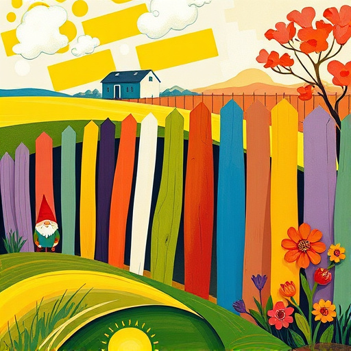 A vibrant abstract expressionist cover image illustrating the theme of "Privacy Fence Installation in Fletcher, Ohio." The image showcases a colorful array of stylized wooden fence panels interwoven within an imaginative landscape, symbolizing personal space creation. The scene is playful and creative, representing home improvement and privacy, enhanced with whimsical garden gnomes peeking from behind the panels and exaggerated vibrant flowers nearby. The environment features curvy, organic shapes reminiscent of wind-swept fields and abstract trees, with a warm palette of yellows, greens, and blues, accented by striking splashes of orange and red. This composition captures the charm of suburban life and invites viewers into a world where creativity meets practicality, emphasizing unique personal projects.