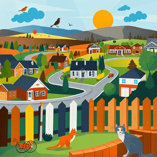 A conceptual art image representing "Vinyl Fencing Companies in Urbana, Ohio," featuring a vibrant suburban landscape with neatly installed white vinyl fences outlining various properties. The scene includes a well-kept garden with colorful flowers peeking over the fences and a playful squirrel peering around the corner, adding a whimsical touch. The setting conveys professionalism with a hint of charm, embodying a thriving community. In the background, soft rolling hills represent the Ohio countryside, set against a clear blue sky adorned with fluffy clouds to evoke calmness. Quirky details include a small, friendly signpost at the edge of a driveway directing to different fencing styles, enhancing the theme of choice. The soothing color palette consists of whites, greens, and pastels, reflecting the pleasant vibe of suburban life, all presented in a conceptual art style that abstractly captures the inviting essence of vinyl fencing.