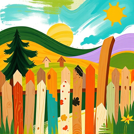 Alt Text: A serene suburban landscape in a Renaissance art style featuring a charming neighborhood in Fairborn, Ohio, bathed in warm golden light during late afternoon. Quaint houses line the street, surrounded by lush green lawns and vibrant flower gardens. In the foreground, a flourishing wooden fence crafted from rich dark oak showcases intricate detailing of craftsmanship. Whimsical squirrels curiously inspect freshly cut wooden planks while playful birds adorn the fence, adding a lively ambiance. A decorative wheelbarrow filled with tools and a small stack of wooden boards hint at the industrious nature of fence building. The background displays gentle rolling hills and a glowing sunset with warm oranges, soft yellows, and earthy browns, enhanced by subtle textures and brush strokes characteristic of the Renaissance era.