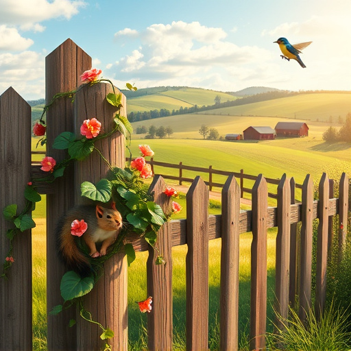 A hyperrealistic image of a beautifully crafted iron gate set prominently in a lush green garden in Waynesville, Ohio. The gate features intricate swirling vine and leaf designs, glistening as if freshly polished. Surrounding it are vibrant blooming flowers in deep reds, bright yellows, and soft pinks, enhancing the warm and inviting atmosphere. A quaint brick path meanders through the garden, leading towards the gate, flanked by well-tended bushes that create a serene ambiance. The scene captures a calm mood ideal for home improvement and aesthetics, with whimsical details like a small bird perched on a twisting branch and a gentle breeze causing the flowers to sway. The rich greens and earth tones, combined with floral pops of color, create a comforting and inviting feel while showcasing quality craftsmanship.